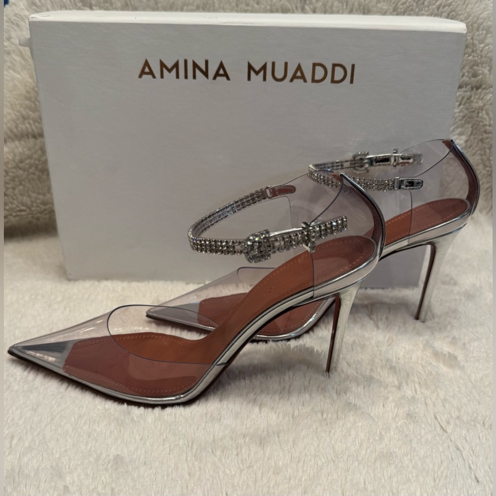 Amina Muaddi Clear PVC Pointed-Toe Crystal Ankle-Strap Heels